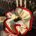 Creamy ruffled hair scrunchie with red piping and yellow button vintage style accessory - Red Trim Cream White Scrunchie with Orange Button