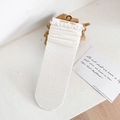 White ruffle edge mid-calf socks with geometric hollow knit pattern for women - One Size / Wave / White