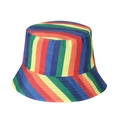 Macro detail of multi-color rainbow striped canvas bucket hat with reinforced stitching - 58cm / Rainbow Twill Print (C)