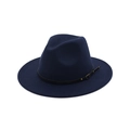 Detail of navy blue wool fedora hat featuring a slim black leather band and gold buckle - M / Navy Blue