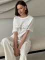 Loose white cotton T-shirt featuring pearl necklace graphic and artistic text print - S / White