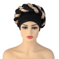 Turban noir tendance pour femme avec une décoration tressée de paillettes dorées - Noir