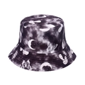 Detail of tie-dye bucket hat featuring butterfly, mushroom, and moon patterns on twill fabric - Grey Purple Tie-Dye Moon Mushroom Butterfly (G)