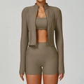Three-piece brown ribbed yoga set with zip jacket, sports bra, and high-waist shorts - S / 3-Piece Set (Bra+Shorts+Jacket) / Light Coffee