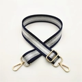 Close-up of adjustable striped handbag strap with silver glitter and gold metal lobster clasps - Blue