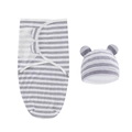 Close-up of grey and white striped cotton newborn swaddle sleep sack and bear ear hat set - Grey White Striped Swaddle + Hat Set