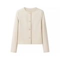 Veste élégante en tweed beige à col rond et boutons dorés présentée à plat professionnellement - S / Ivoire