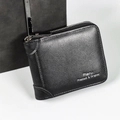 Classic black leather men's wallet with trifold design and textured zipper detail - Black