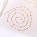 Close-up of elegant gold rose charms and white faux pearls on a versatile long necklace - Rose Flower Artificial Pearl Chain (Style 19) / Length approx. 1m