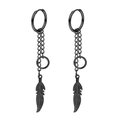 Black punk style titanium steel earrings featuring delicate double chain and feather charms - Style 11 Black Single