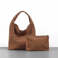 Brown woven hobo bucket bag set with matching zipper pouch and intrecciato texture - Suede Brown