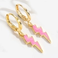 Minimalist gold lightning bolt drop earrings with vibrant pink enamel finish - Rose Red Lightning