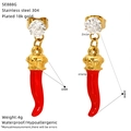 Detail of red cherry earrings in 18k gold plated steel with zircon and size markings - Red Chili Shape (SE888G)