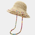 Beige crochet straw hat with colorful beads and long beaded chin strap for sun protection - Hollow Crochet Style / Beige (Style B)