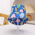Detailed close-up of blue kids sun hat with cartoon animal prints on white display stand - Royal Blue Cute Animals