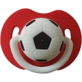 Baby pacifier featuring a creative black and white football design with a red face shield - All Silicone Ball Pacifier / Red