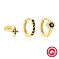 S925 sterling silver gold plated 3-piece earring set with black zircon stars - Gold Black Zirconia Four-Pointed Star Hoop 3-Piece Set