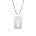 Macro detail of silver titanium military pendant with hollow Y-letter engraving - Letter Y