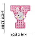 Detail of pink plaid embroidered letter Y patch with bunny motif and size measurements - Letter Y