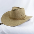 Détail d'un chapeau de cow-boy kaki montrant la texture paille, la bande et le cordon - 58cm Taille Unique / Lin Khaki avec Corde Supérieure