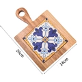 Square wooden coaster with floral ceramic tile insert and handle, size 20cm x 14cm - Acacia Wood Style 3