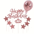 Rose gold glitter cake topper set including happy birthday sign stars and crown - Rose Gold Set 05