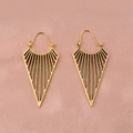 Detail of vintage gold-finished hollow triangular earrings on silk fabric backdrop - Inverted Triangle Geometric Hollow Style (4855) / Antique Gold (4855)