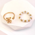 Süßer Bärenring und weiße Perlenperlenring in Goldoptik für Damen im Set - offener Ring / Gold