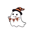 Close-up of a Halloween ghost enamel pin with orange and black BOO flag detail - Wizard Ghost with Flag