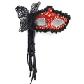 Handheld red sequin masquerade mask with black lace butterfly and silver eye trim - Side Butterfly Tassel Handheld Style / Red