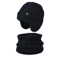 Kids black knit beanie hat and scarf set with thick ear protection for winter warmth - 2-Piece Set - Solid Black