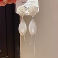 Elegant white floral earrings with waterdrop pearls and silver bead chain tassels - Silver (49# Silver Pin)