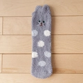 Grey coral fleece socks with white polka dots and cute cat face embroidery - One Size / Grey Polka Dot Cat