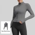Slim fit sea salt grey yoga jacket with high neck zipper and thumbhole sleeves - S / Tops / Sea Rock Grey