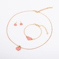 Detail view of pink enamel heart necklace, bracelet, and earrings in gold-tone setting - Pink