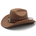 Vintage brown felt cowboy hat with leather band and metal bull head buckle decoration - M (56-58cm) / Khaki