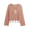 Pink hollow crochet knit top with tassel drawstring and decorative shell fringe - S / Sunstone