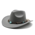 Detail of dark grey wool felt cowboy hat featuring turquoise beads and leather cord - M (56-58cm) / Gray