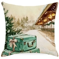 Weihnachtskissenbezug aus grünem Leinen mit Aquarell-Winterkoffer und verschneiter Tanne - YMD15-3 (Vintage Koffer)