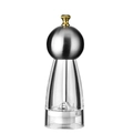 Manual pepper grinder with clear acrylic body, stainless steel top, and gold knob - 6 Inch Stainless Steel Ball Top