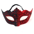 Close-up of red and black masquerade mask with glitter floral patterns and elastic strap - Painted Mask [Black Red]