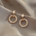 Close-up of golden geometric earrings with inlaid pearls on champagne silk fabric - Retro Court Style Pave Small Pearl Hoop Style (A08)