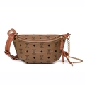 Bolso bandolera vintage marrón con cadena metálica y estampado de logotipos - Tostado