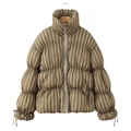Women's khaki puffer jacket with stand collar and loose vertical striped design - S / Military Green Stripe
