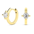 Detail of gold-plated geometric hoop earrings featuring brilliant-cut cubic zirconia - Gold Four-Prong Brilliant Zircon Hoop