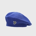 Detail of navy knit beret showing texture and retro letter P patch on soft fabric - Sapphire Blue