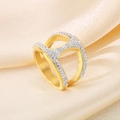 Double-layered golden stainless steel ring with clear rhinestones on beige silk - Gold Double Layer Full Rhinestone Style (KR53384-K)
