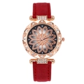 Detail of red suede watch strap with rose gold dial and floral rhinestone patterns - Floral Art Dial Watch / Red