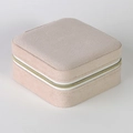 Detailed close-up of a square beige jewelry box featuring a textured fabric and metal zipper - Light Grey Twill / 10*10*5cm