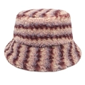 Dettaglio del cappello a secchiello a strisce con trama in ecopelliccia viola e marrone - M (56-58cm) / Righe Viola Marrone Beige (1#)